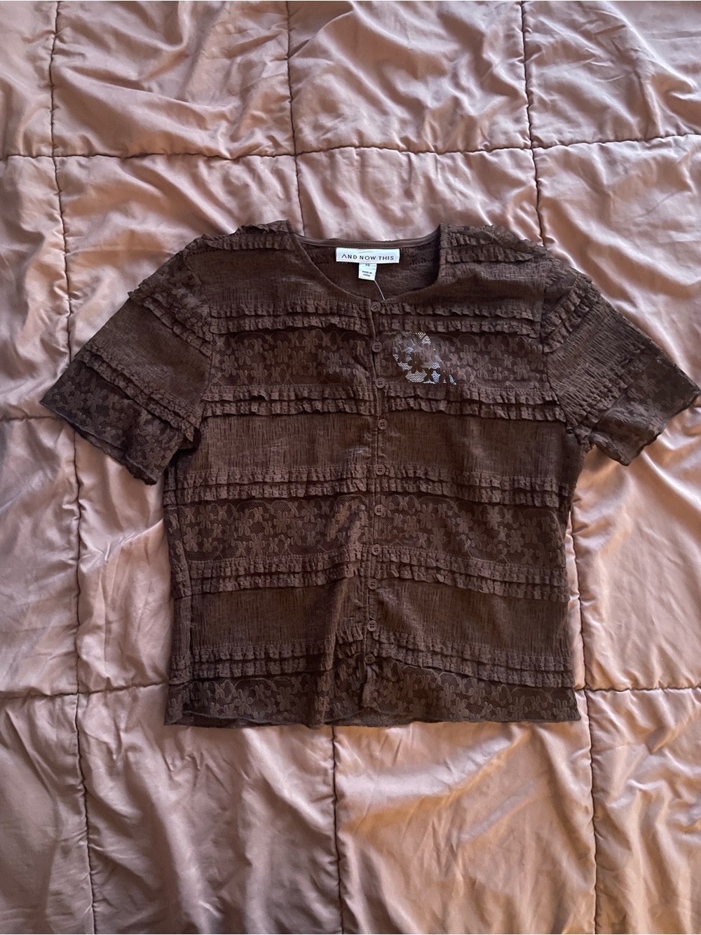 Brown Ruffled Lace-Trim Button Front Top
